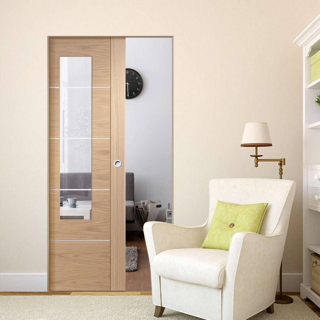 Portici Oak Flush Absolute Evokit Pocket Door - Aluminium Inlay & Clear Glass - Prefinished