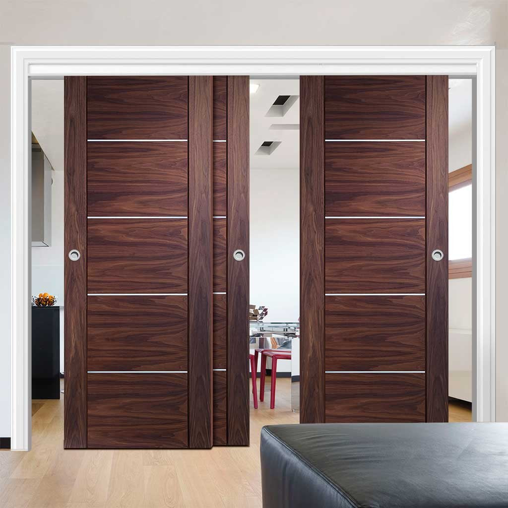 Bespoke Thruslide Portici Walnut Flush - 3 Sliding Doors and Frame Kit - Aluminium Inlay - Prefinished