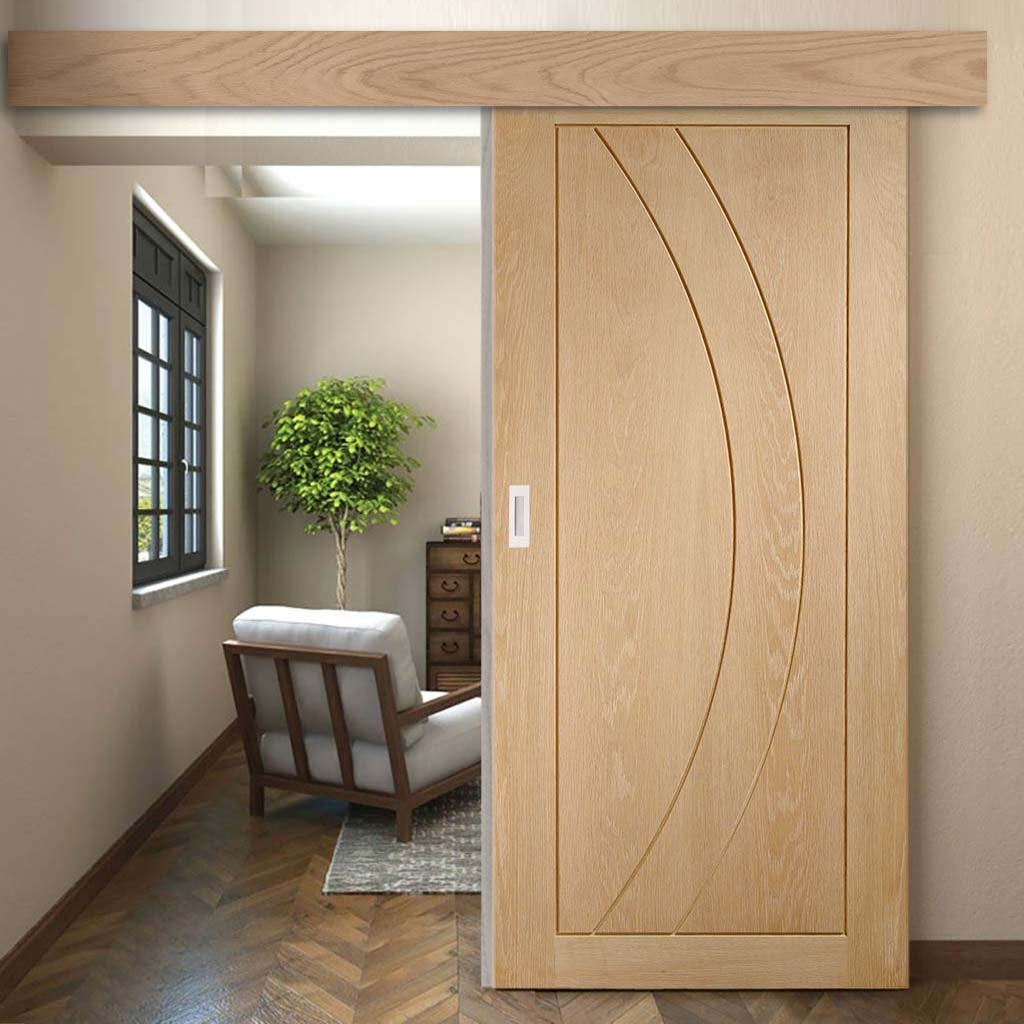 Single Sliding Door & Wall Track - Salerno Oak Flush Door - Prefinished