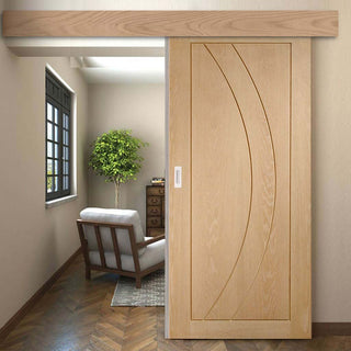 Image: Single Sliding Door & Wall Track - Salerno Oak Flush Door - Prefinished