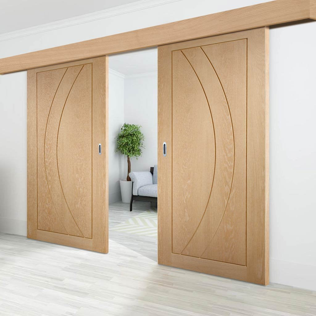 Double Sliding Door & Wall Track - Salerno Oak Flush Doors - Prefinished