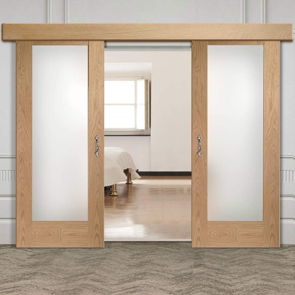 Double Sliding Door & Wall Track - Pattern 10 Oak Shaker 1 Pane Doors - Obscure Glass - Prefinished