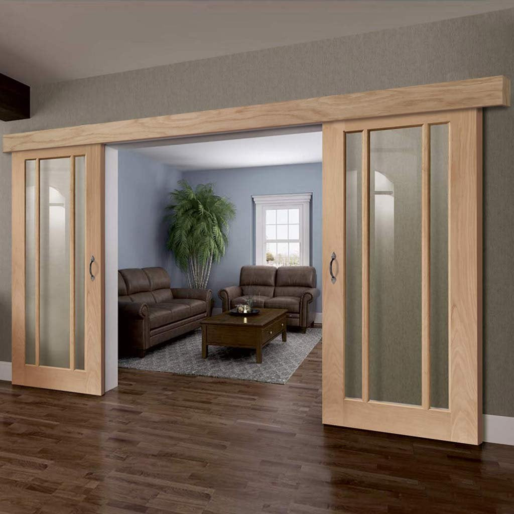 Double Sliding Door & Wall Track - Worcester Oak 3 Pane Doors - Clear Glass - Prefinished