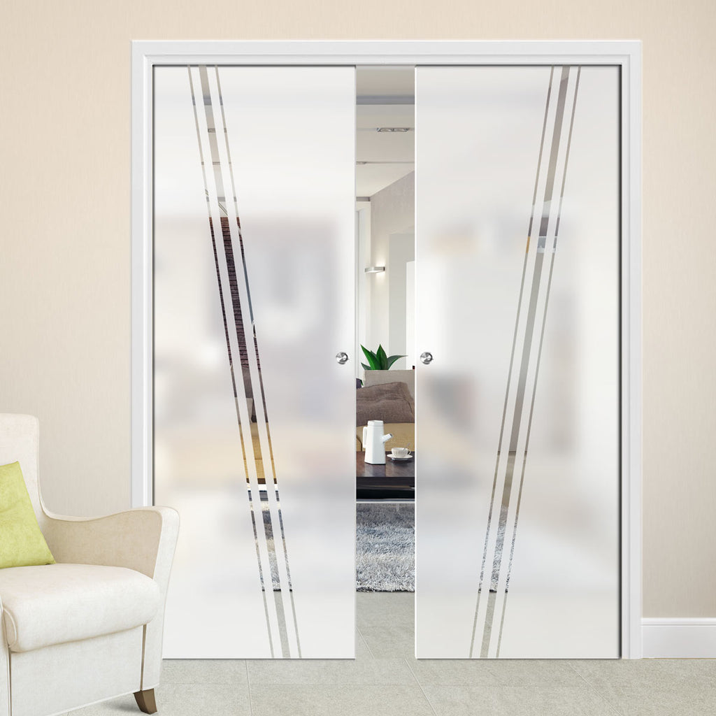 Preston 8mm Obscure Glass - Clear Printed Design - Double Evokit Pocket Door