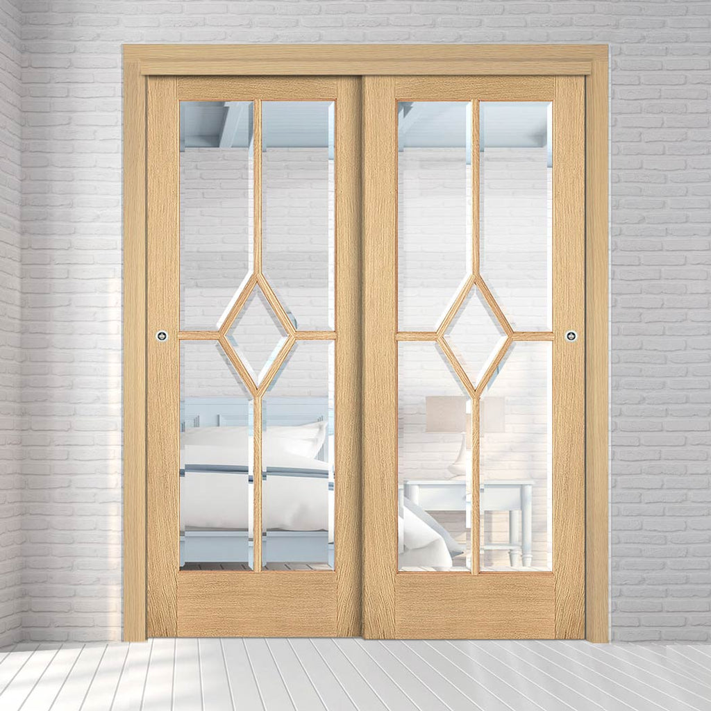 Pass-Easi Two Sliding Doors and Frame Kit - Reims Diamond 5 Panel Oak Door- Clear Bevelled Glass - Prefinished