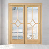 Pass-Easi Two Sliding Doors and Frame Kit - Reims Diamond 5 Panel Oak Door- Clear Bevelled Glass - Prefinished