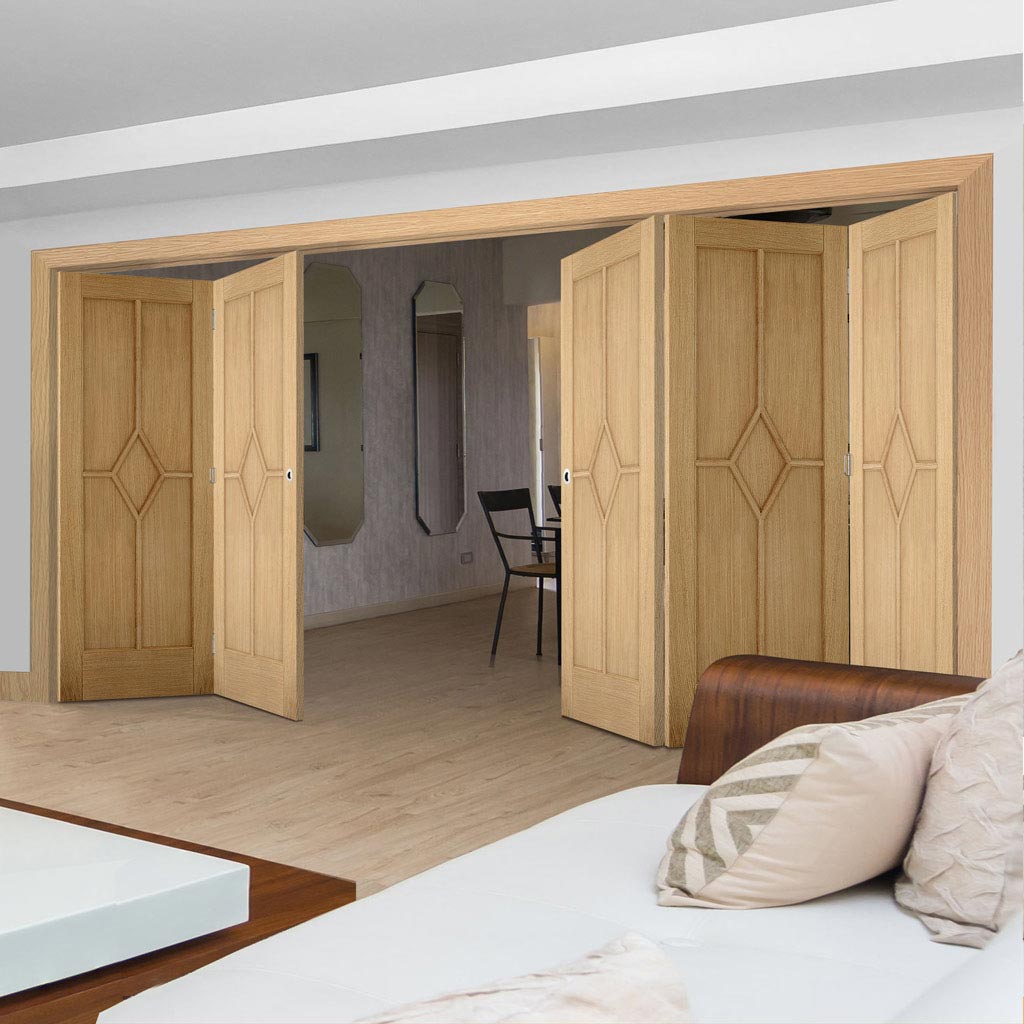 Five Folding Doors & Frame Kit - Reims Diamond 5 Panel Oak 3+2 - Prefinished