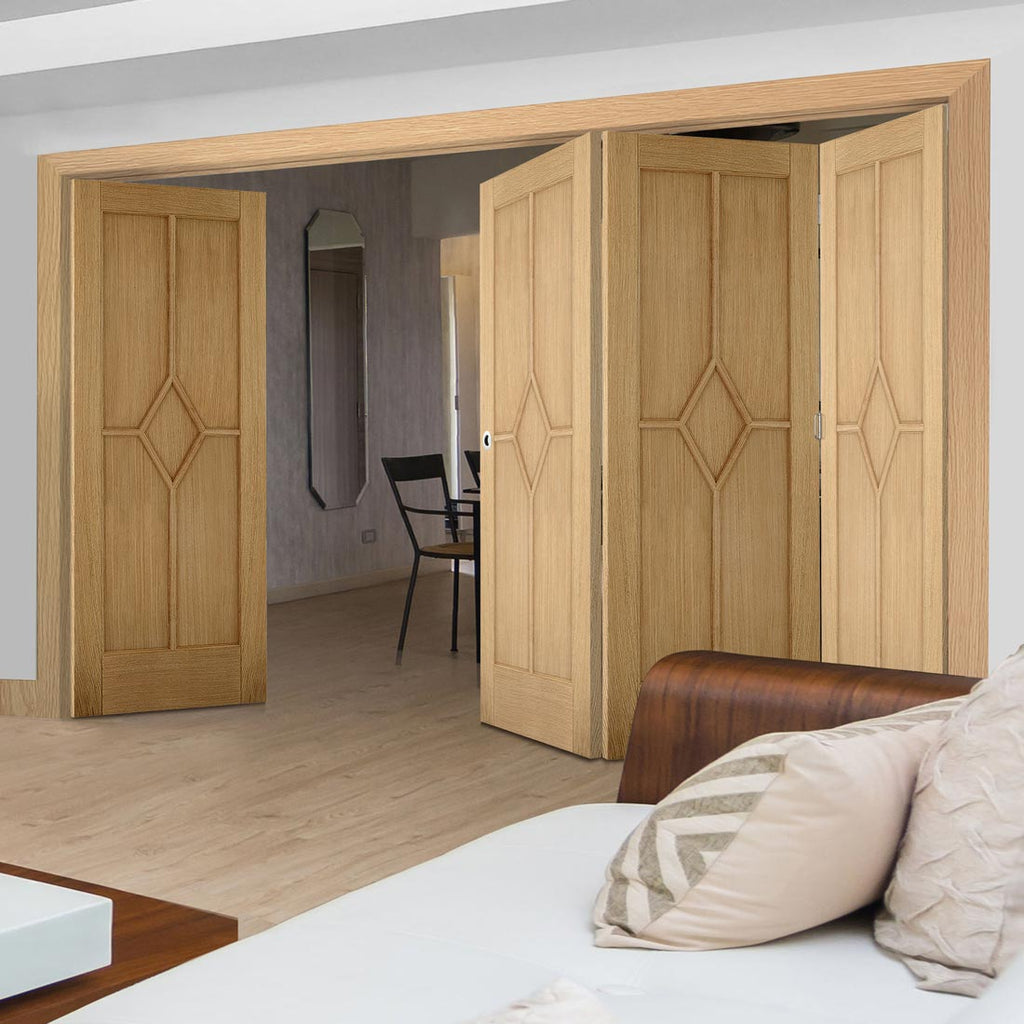 Four Folding Doors & Frame Kit - Reims Diamond 5 Panel Oak 3+1 - Prefinished