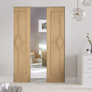 Image: Reims Diamond 5 Panel Oak Absolute Evokit Double Pocket Door - Prefinished