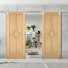 Double Sliding Door & Stainless Steel Barn Track - Reims Diamond 5 Panel Oak Door - Prefinished