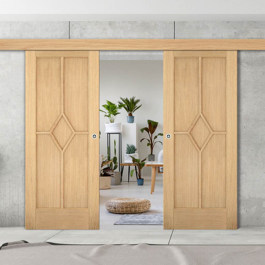 Double Sliding Door & Wall Track - Reims Diamond 5 Panel Oak Door - Prefinished