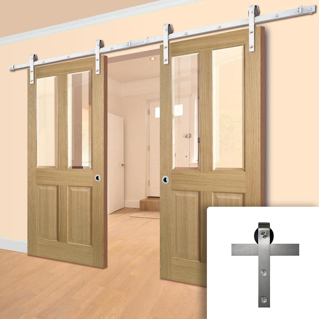 Double Sliding Door & Stainless Steel Barn Track - Richmond Oak Doors - No Raised Mouldings - Bevelled Clear Glass - Unfinished