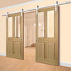 Double Sliding Door & Track - Richmond White Oak Doors - No Raised Mouldings - Bevelled Clear Glass - Unfinished