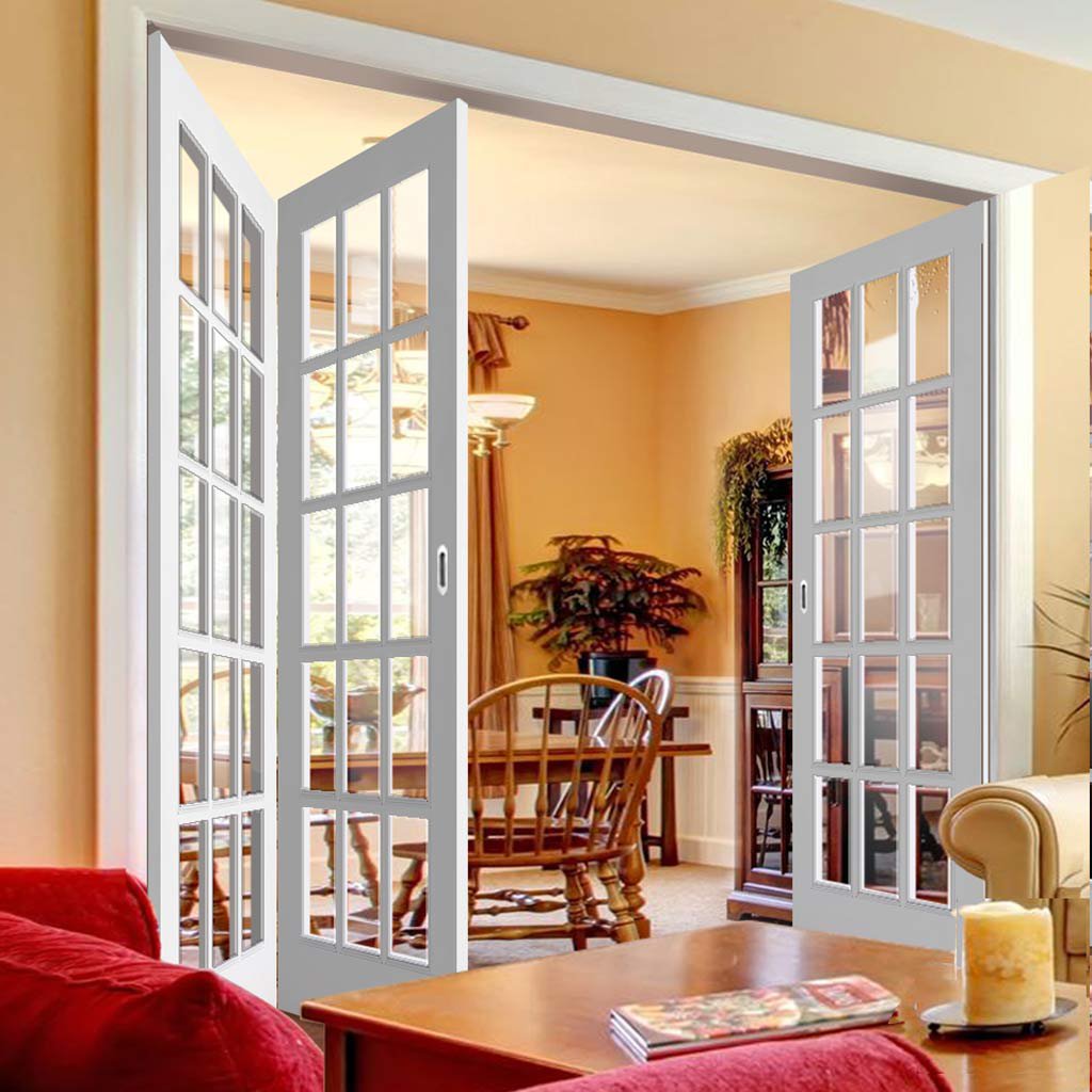 Three Folding Doors & Frame Kit - SA 15 Pane 2+1 Folding Door- Clear Glass - White Primed