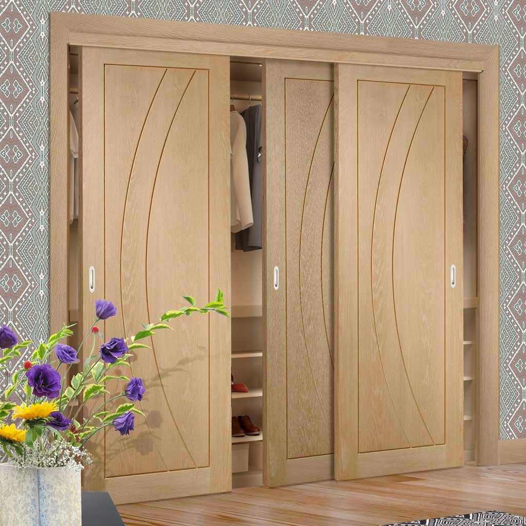 Three Sliding Wardrobe Doors & Frame Kit - Salerno Oak Flush Door - Prefinished