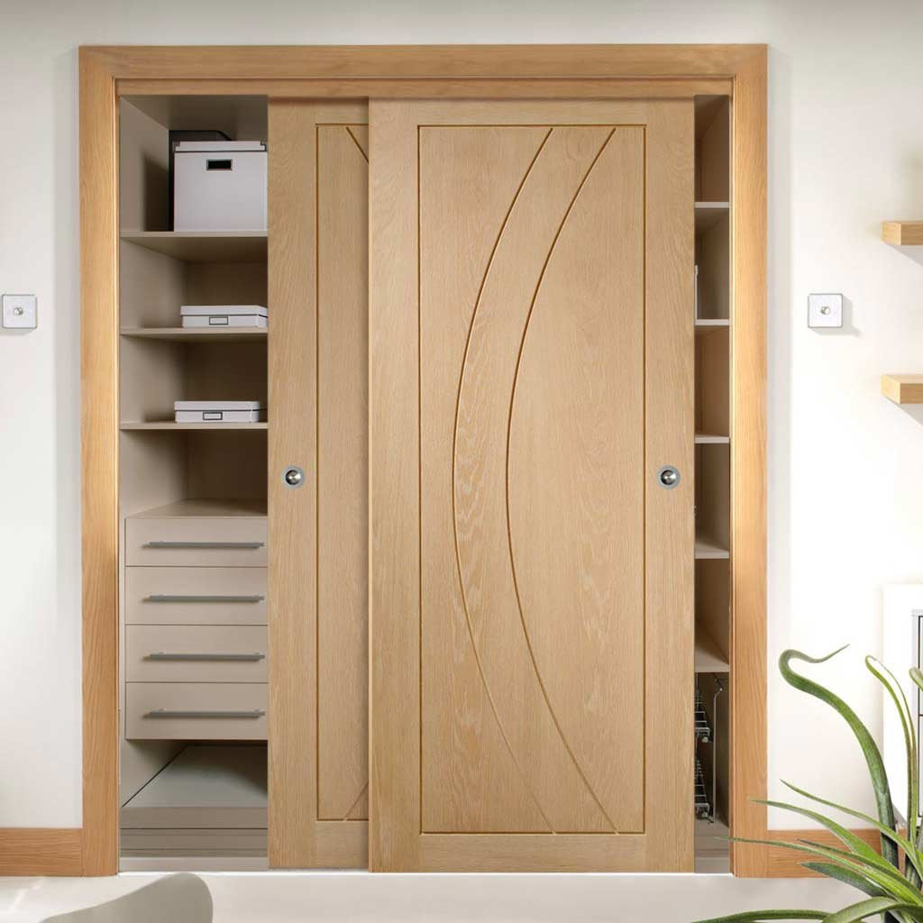 Two Sliding Wardrobe Doors & Frame Kit - Salerno Oak Flush Door - Prefinished