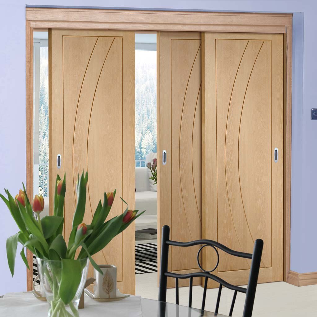 Bespoke Thruslide Salerno Oak Flush - 3 Sliding Doors and Frame Kit - Prefinished