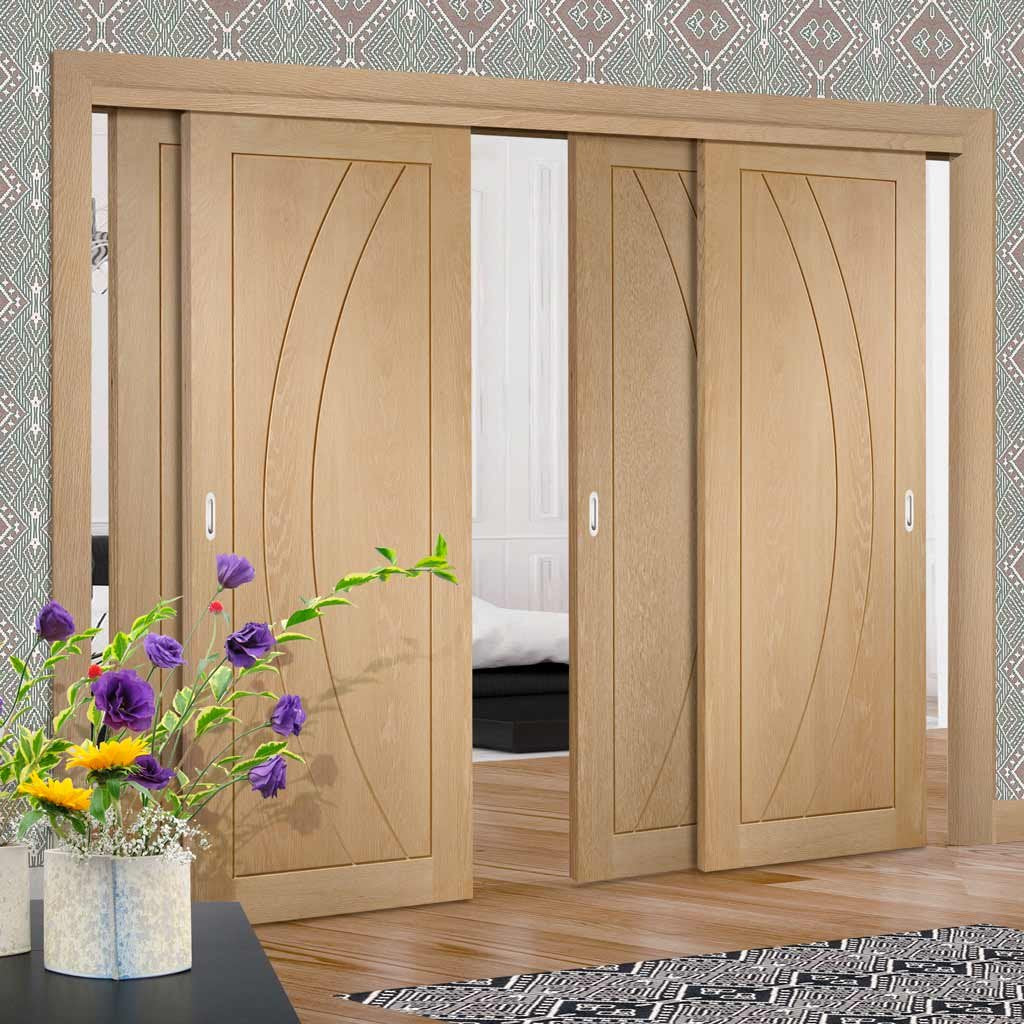 Four Sliding Doors and Frame Kit - Salerno Oak Flush Door - Unfinished