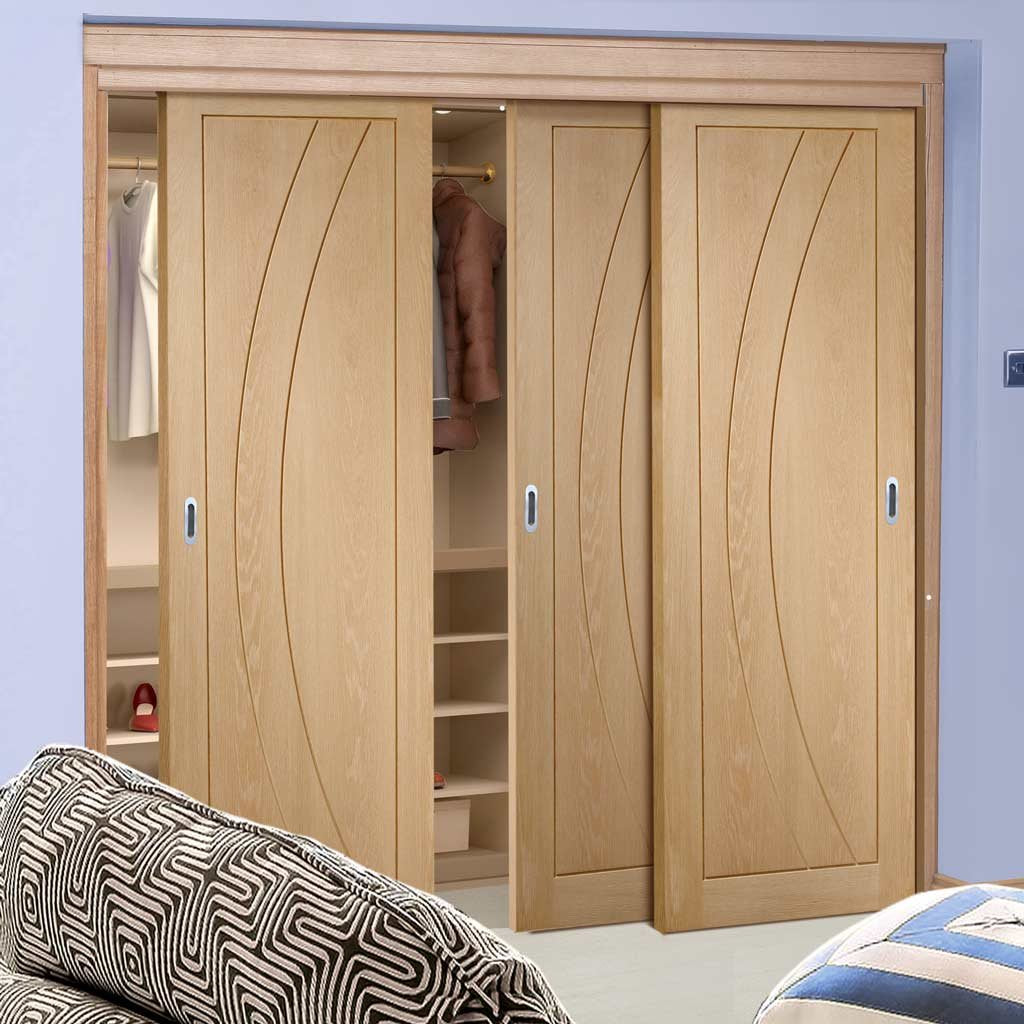 Three Sliding Wardrobe Doors & Frame Kit - Salerno Oak Flush Door - Unfinished