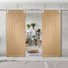 Double Sliding Door & Stainless Steel Barn Track - Salerno Oak Flush Door - Unfinished