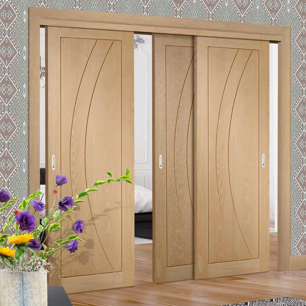 Bespoke Thruslide Salerno Oak Flush - 3 Sliding Doors and Frame Kit