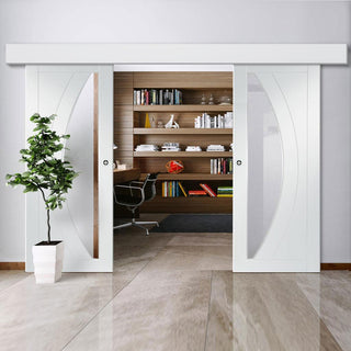 Image: Double Sliding Door & Wall Track - Salerno Doors - Clear Glass - White Primed