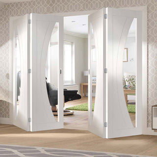 Image: Four Folding Doors & Frame Kit - Salerno 2+2 - Clear Glass - White Primed