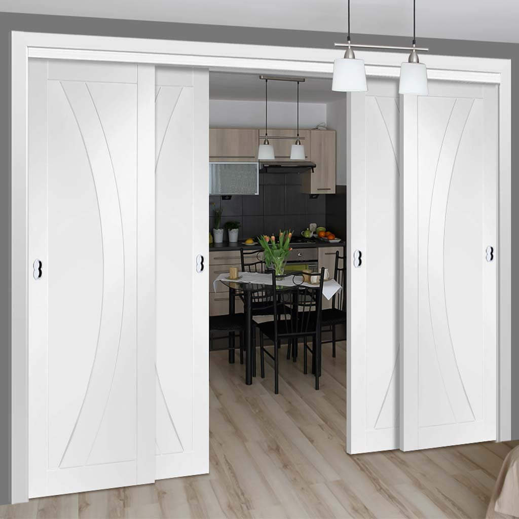 Four Sliding Doors and Frame Kit - Salerno Flush Door - White Primed