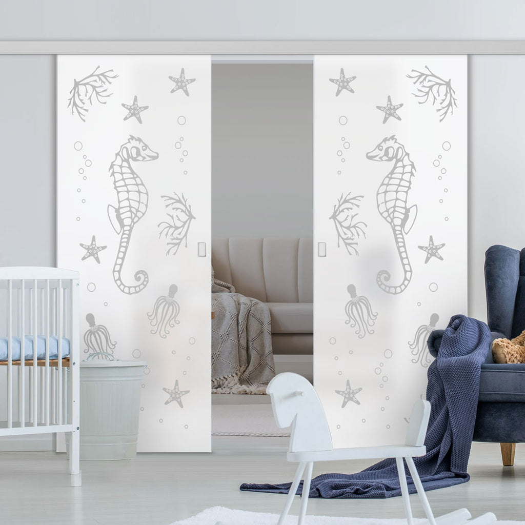 Double Glass Sliding Door - Seahorse 8mm Obscure Glass - Obscure Printed Design with Elegant Track