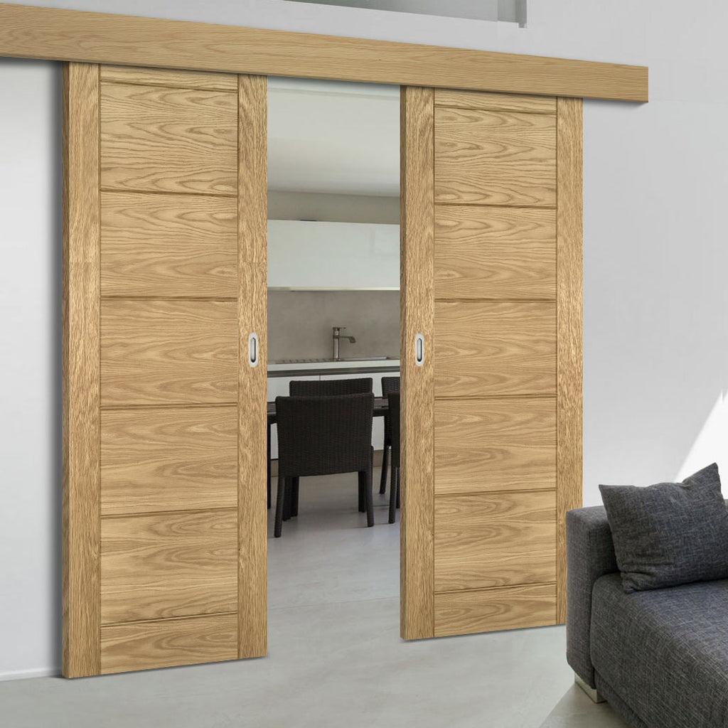 Double Sliding Door & Wall Track - Seville Oak Panel Door - Prefinished