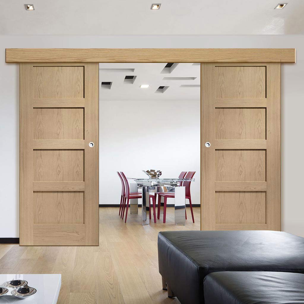 Double Sliding Door & Wall Track - Shaker Oak 4 Panel Door - Prefinished