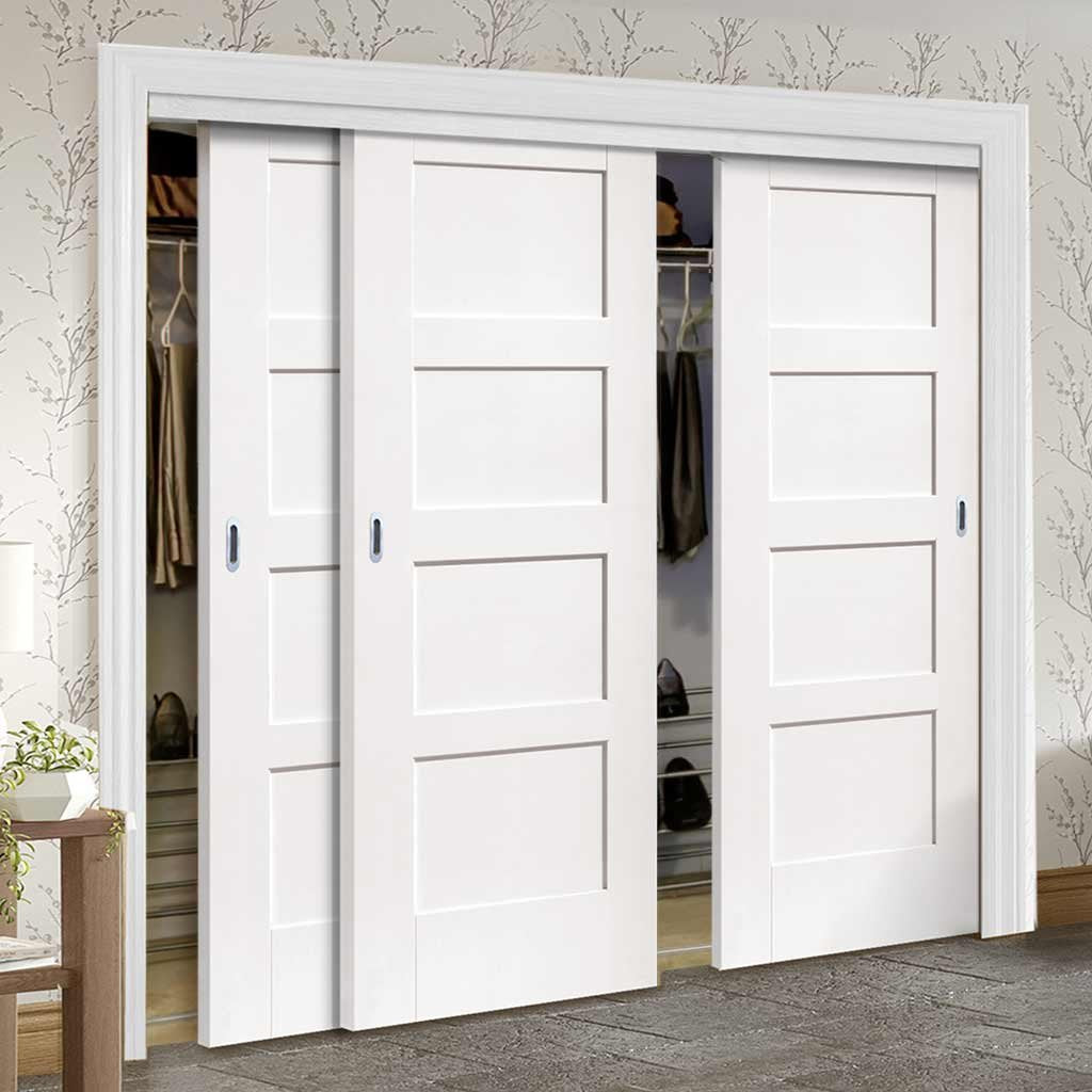 Bespoke Thruslide Shaker 4 Panel 3 Door Wardrobe and Frame Kit - White Primed