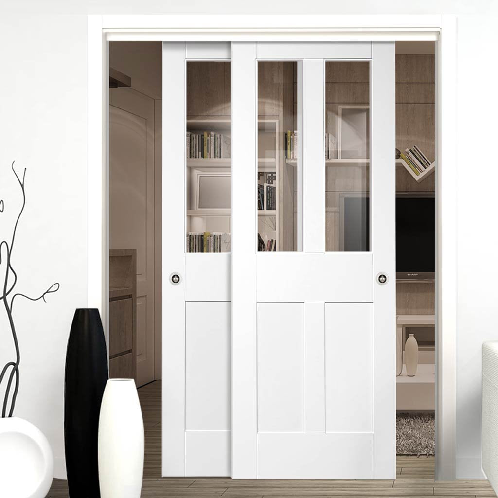 Two Sliding Doors and Frame Kit - Malton Shaker Door - Clear Glass - White Primed