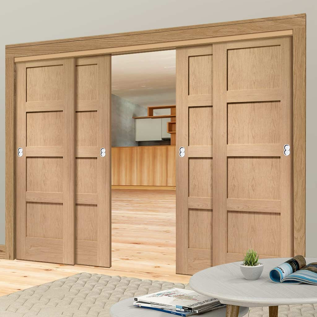 Bespoke Pass Easi Shaker Oak 4 Panel 4 Sliding Doors And Frame Kit 7995