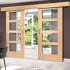 Double Sliding Door & Wall Track - Shaker Oak 4 Pane Doors - Clear Glass - Unfinished