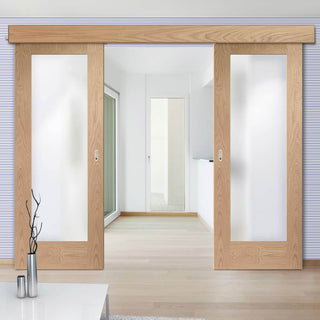 Image: Double Sliding Door & Wall Track - Pattern 10 Shaker Oak Doors - Obscure Glass - Unfinished