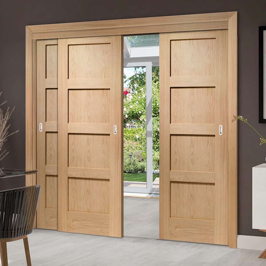 Pass-Easi Three Sliding Doors and Frame Kit - Shaker Oak 4 Panel Door - Prefinished