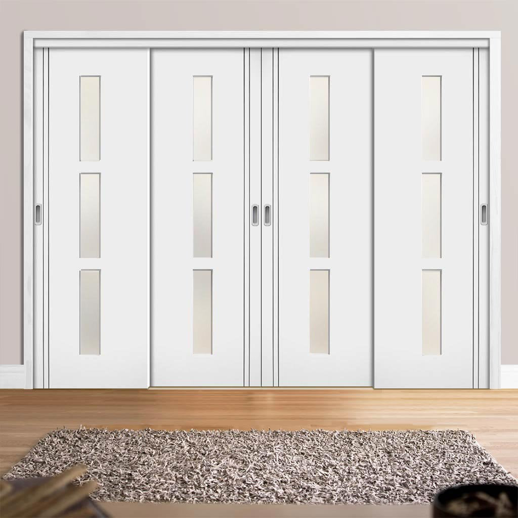 Four Sliding Wardrobe Doors & Frame Kit - Sierra Blanco Door - Frosted Glass - White Painted