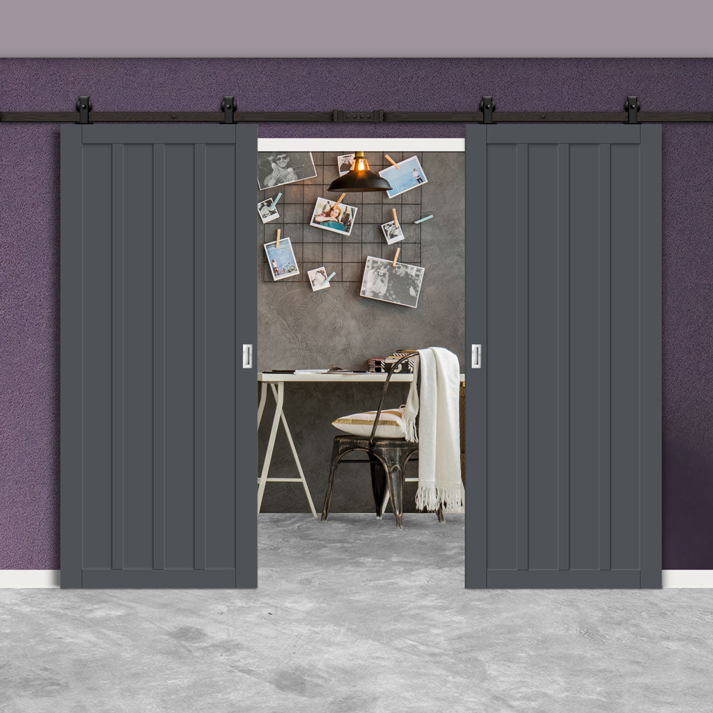 Top Mounted Black Sliding Track & Solid Wood Double Doors - Eco-Urban® Sintra 4 Panel Doors DD6428 - Stormy Grey Premium Primed