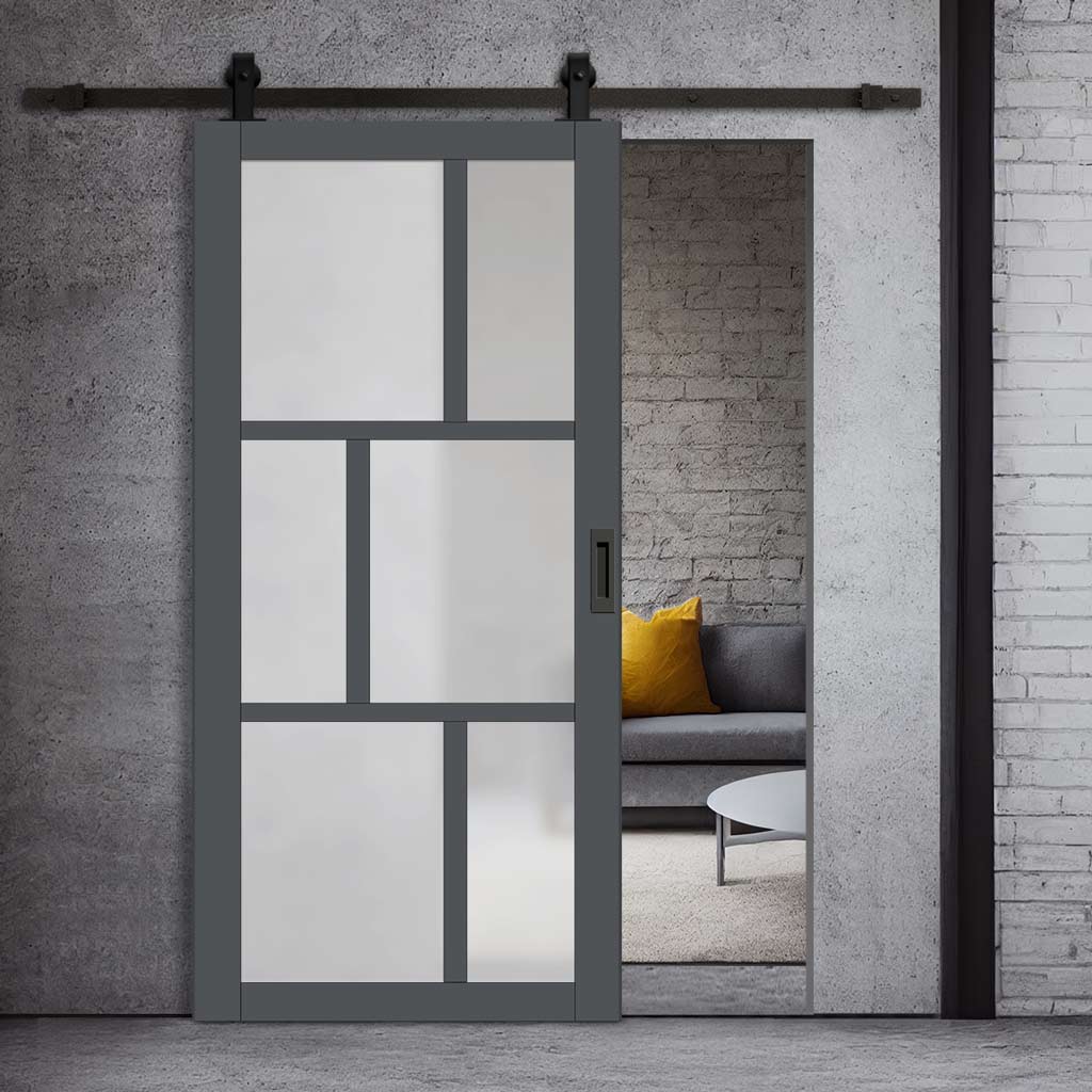 Top Mounted Black Sliding Track & Solid Wood Door - Eco-Urban® Milan 6 Pane Solid Wood Door DD6422SG Frosted Glass - Stormy Grey Premium Primed