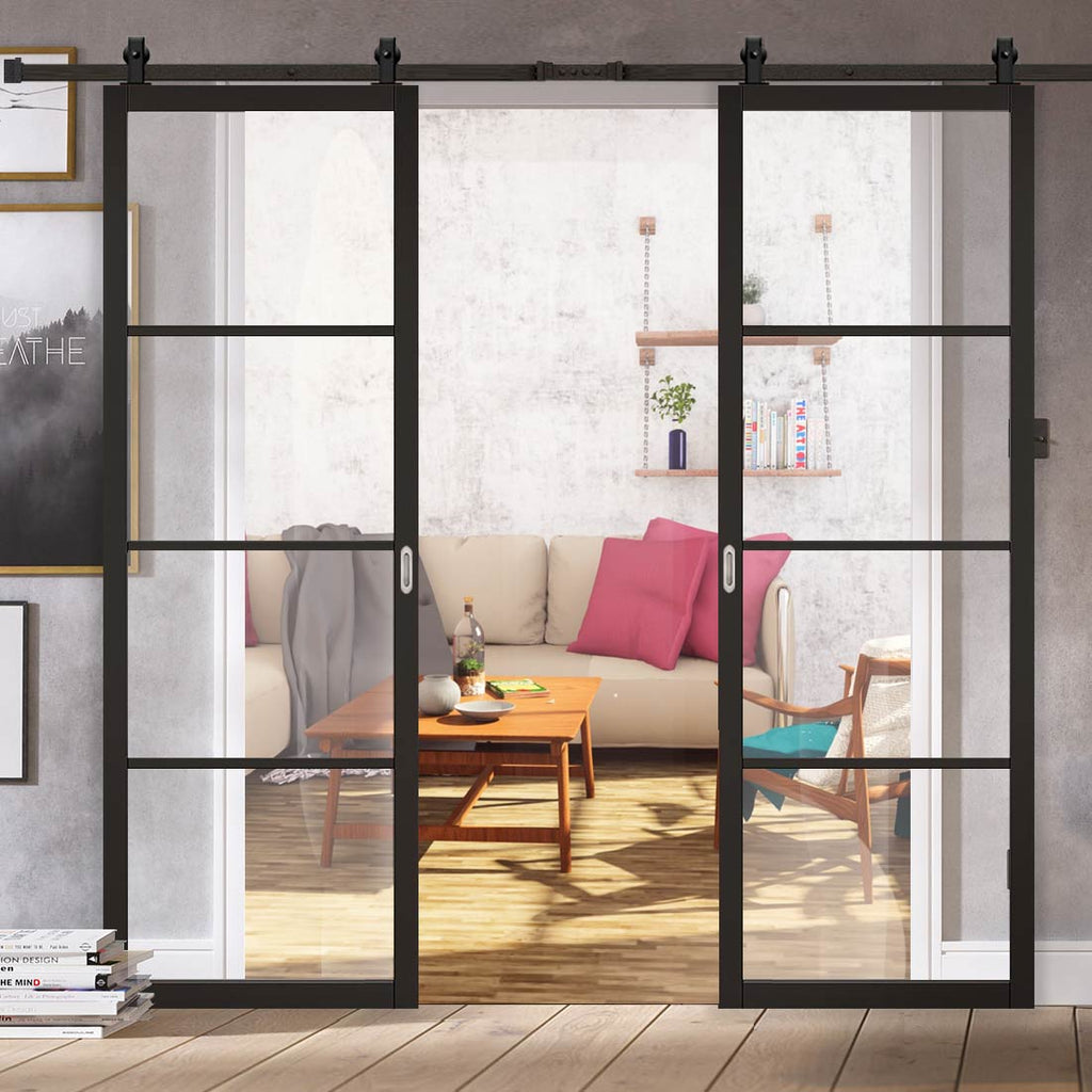 Top Mounted Black Sliding Track & Double Door - Soho 4 Pane Black Prim