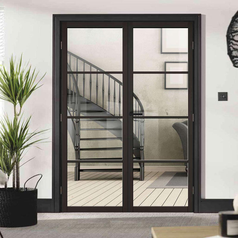 Soho 4 Pane Black Primed Internal Door Pair - Clear Glass