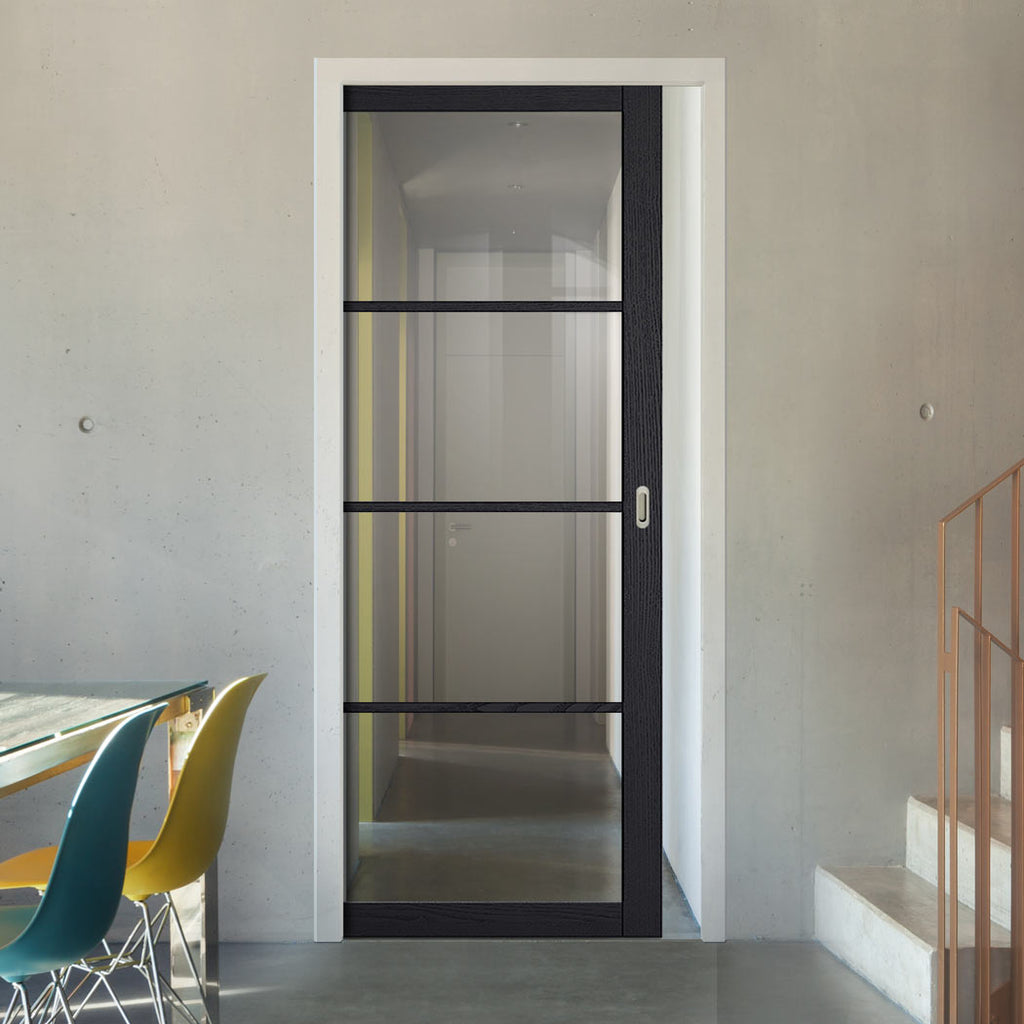 Soho 4 Pane Charcoal Single Evokit Pocket Door - Clear Glass - Prefini