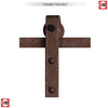 Straight antique rust hanger bracket for barn style sliding doors on the clear white background