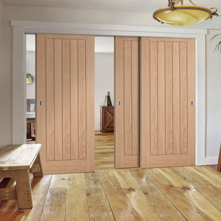 Image: Pass-Easi Three Sliding Doors and Frame Kit -Belize Oak Door - Prefinished