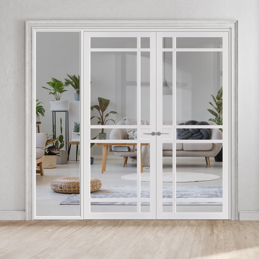 Bespoke Room Divider - Eco-Urban® Leith Door Pair DD6316C - Clear Glass with Full Glass Side - Premium Primed - Colour & Size Options