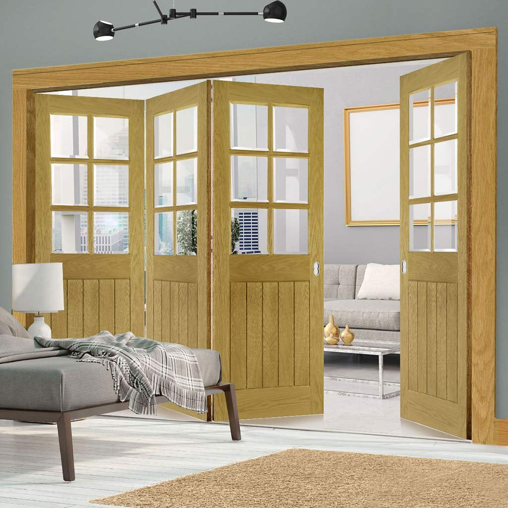 Four Folding Doors & Frame Kit - Ely Oak 3+1 - Clear Bevelled Glass -Unfinished