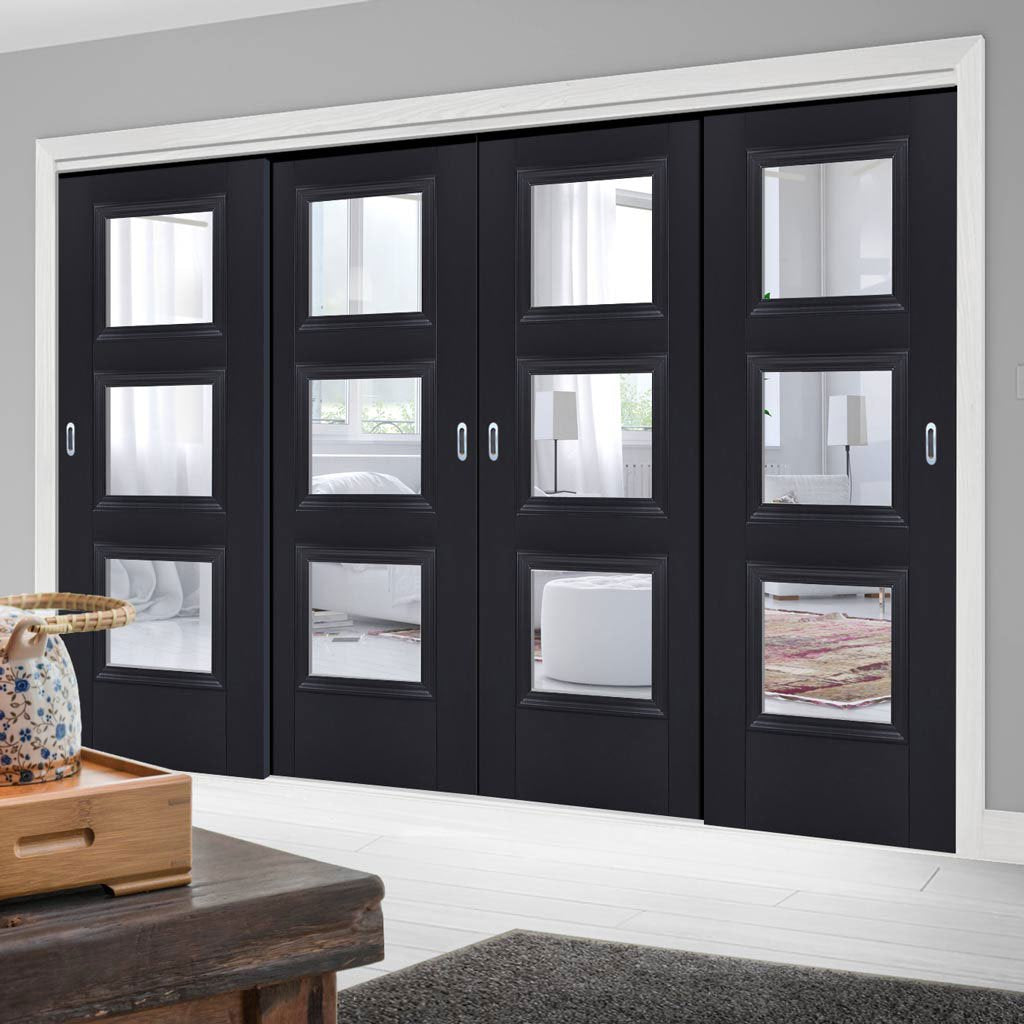 Four Sliding Doors and Frame Kit - Amsterdam Black Primed Door - Clear Glass - Unfinished