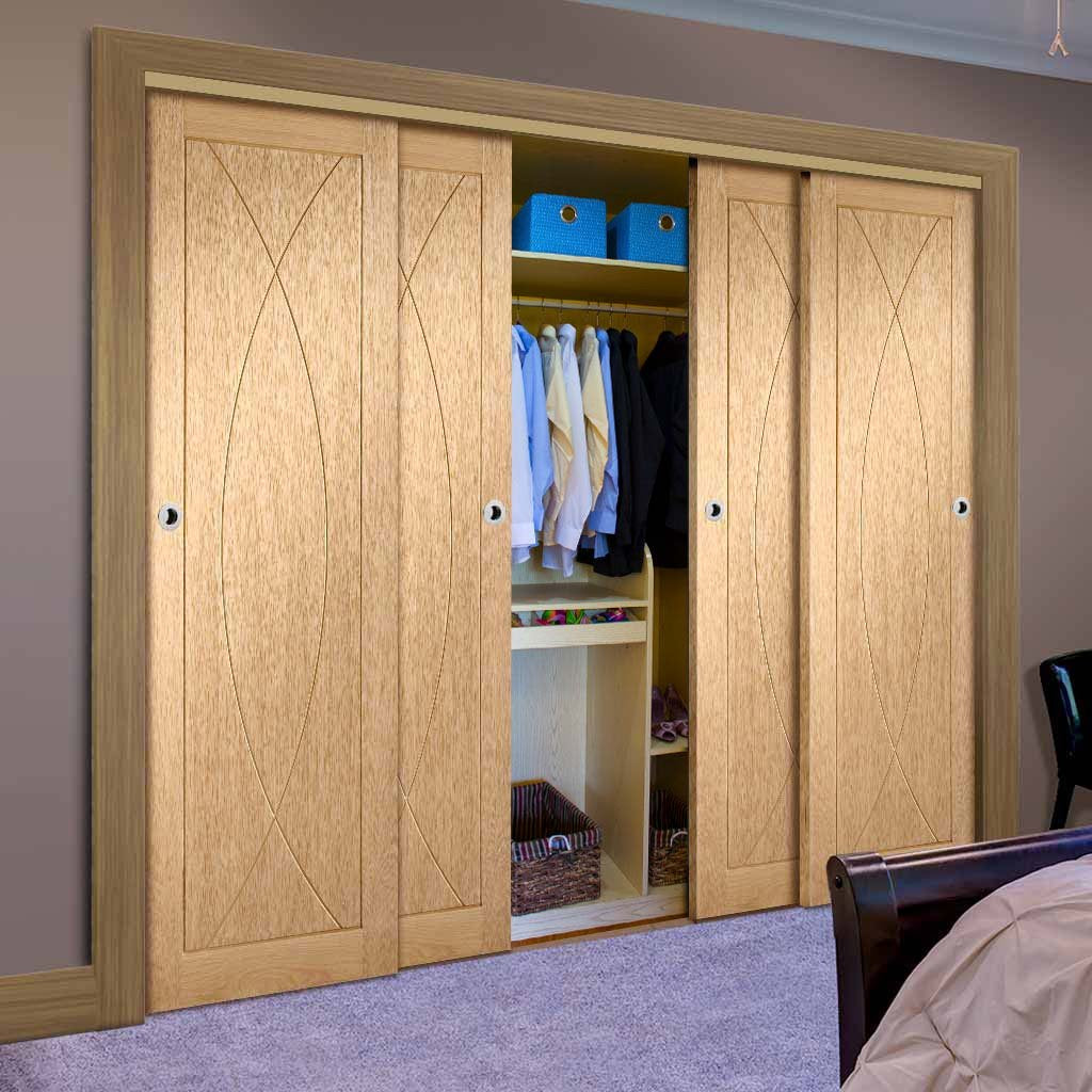 Bespoke Thruslide Pesaro Oak Flush 4 Door Wardrobe and Frame Kit - Prefinished