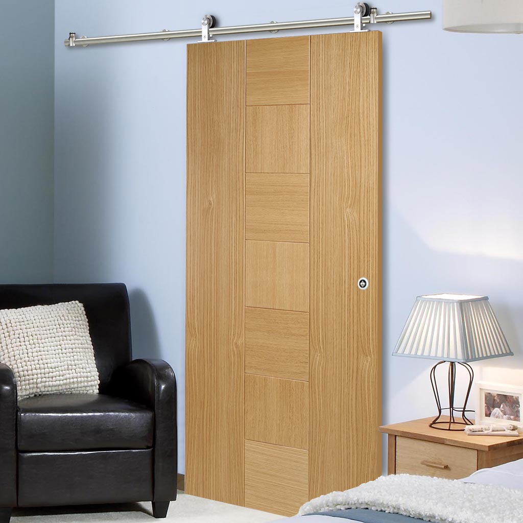 Sirius Tubular Stainless Steel Sliding Track & Catalonia Flush Oak Door - Prefinished